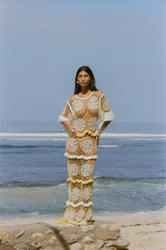 Daisy Crochet Dress White and Yellow - Oceanus Swimwear