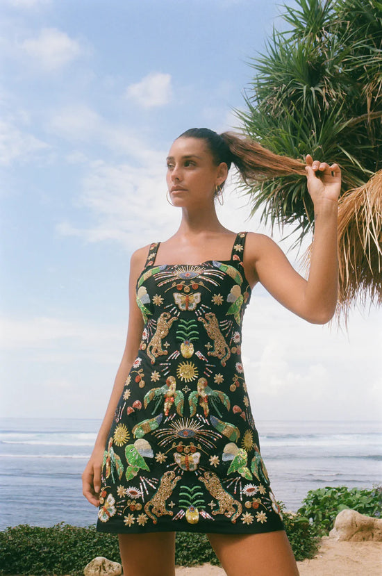 Aurelia Embroidered Luxury Sequin Mini Dress Black - Oceanus Swimwear