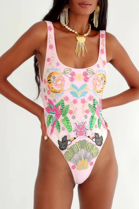 Rainforest Hand Beaded swimsuit Pink - Oceanus Swimwear