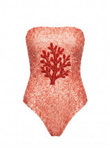 Orange Coral Hand-Beaded Strapless Swimsuit