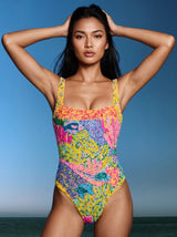 Deep Coral Pink Swimsuit Yellow