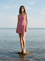 Coastal Hand-Beaded Embroidery Mini Dress Pink