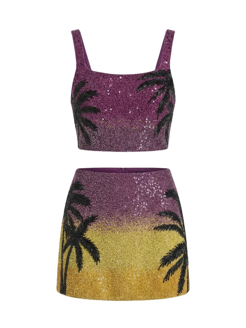 Palm Dusk beaded black palm tree crop top