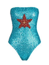 Azure Palm Hand Embroidered Blue Sequin Swimsuit