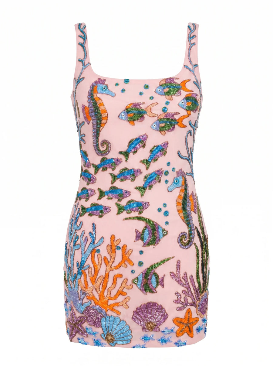 Coraline Colorful Hand-Beaded Mini Dress in Black Pink