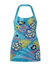 Flower and Monsterra Blue Mini Dress