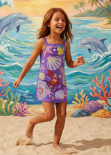Young girl in a purple dress with sea-themed patterns running on a beach with dolphins and coral in the background.