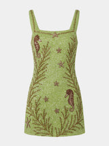 Coastal Hand Beaded Embroidery Mini Dress Green