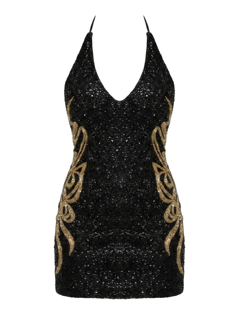 Oceanus √ó B√°rbara Hulanicki Aurelia Noir Halter Neck Mini Dress