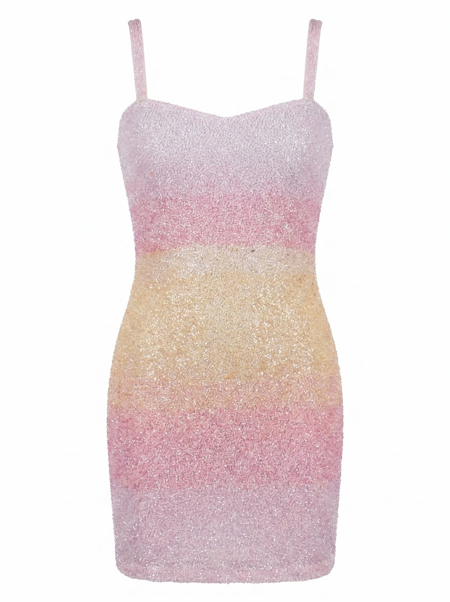 Cassie Pink Ombre Hand-Beaded Embroidery Mini Dress