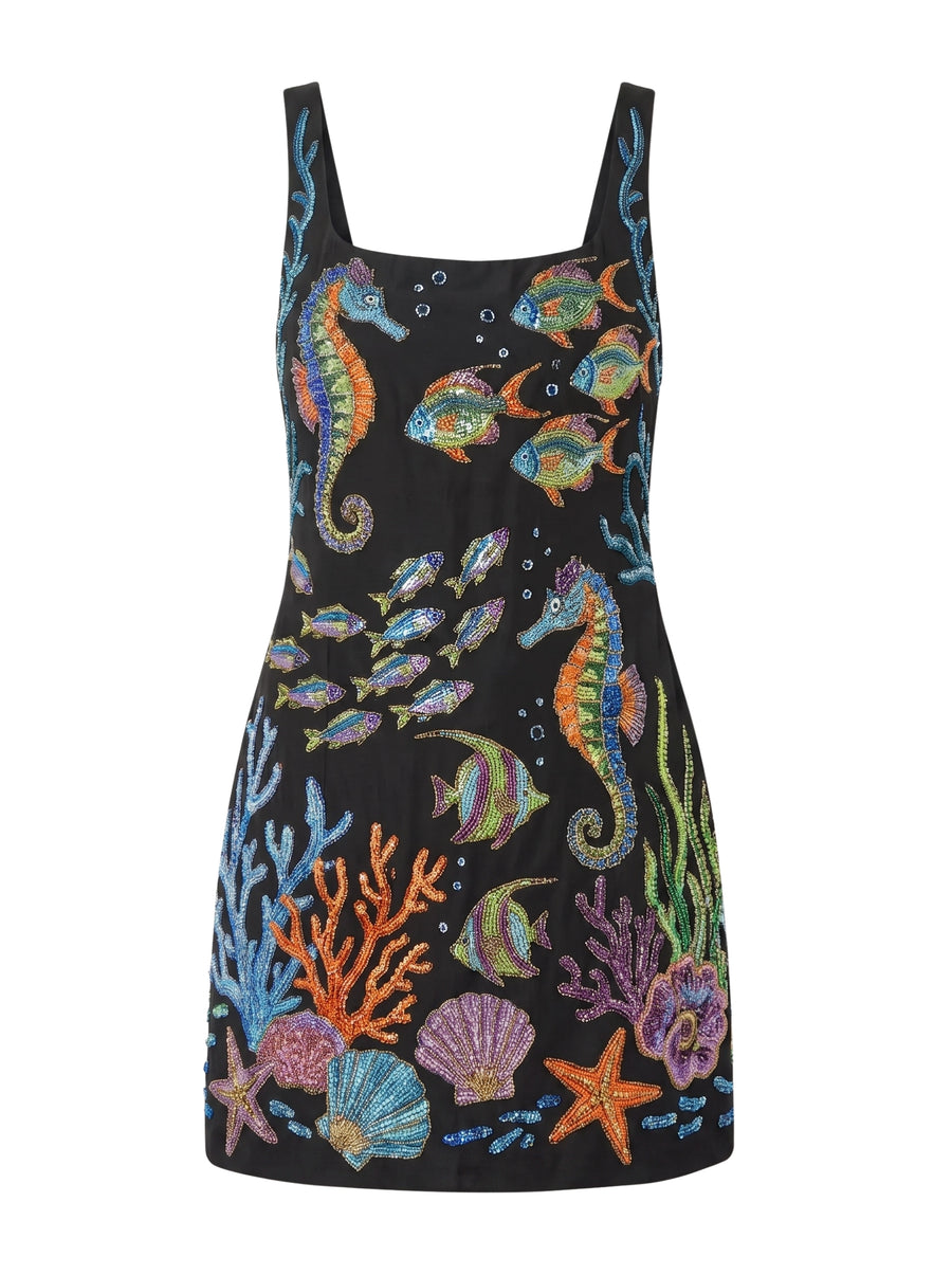 Coraline Colorful Hand-Beaded Mini Dress in Black Pink