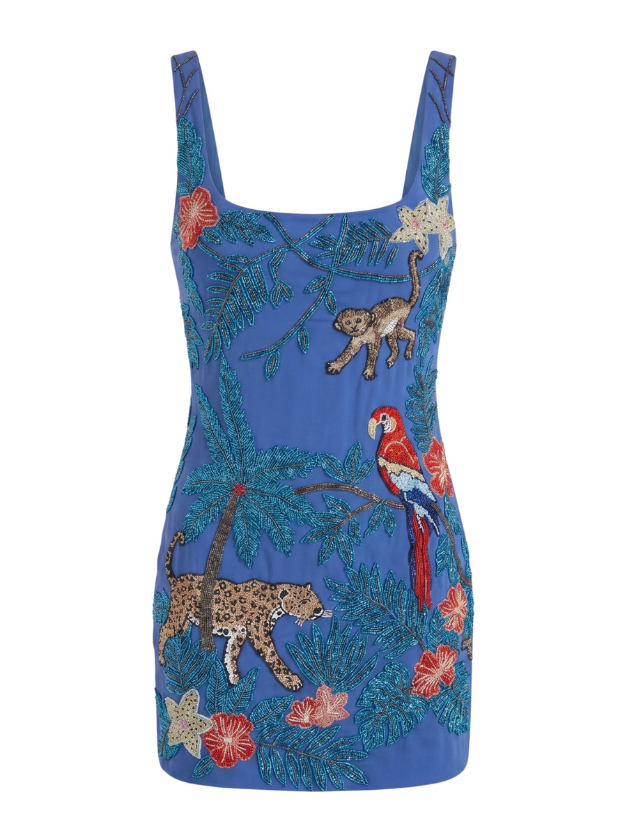 Tropica Blue Hand-Embroidery Mini Dress