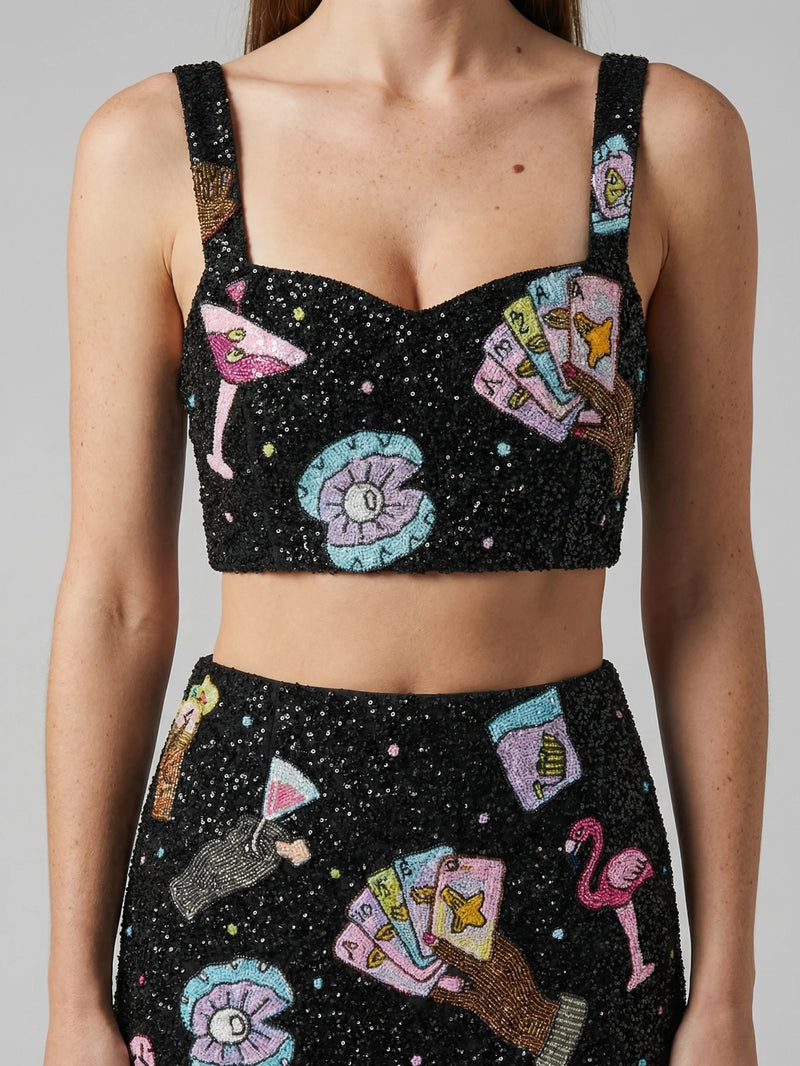 Vegas Beaded Mini Black Party Beach Co-ord Top in Stock