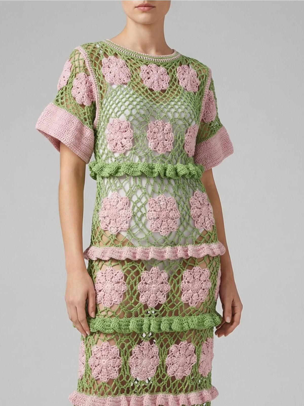 Shop Elle Crochet Green/Pink Dress - Oceanus XS Shop Elle Crochet Green/Pink Dress - Oceanus XS