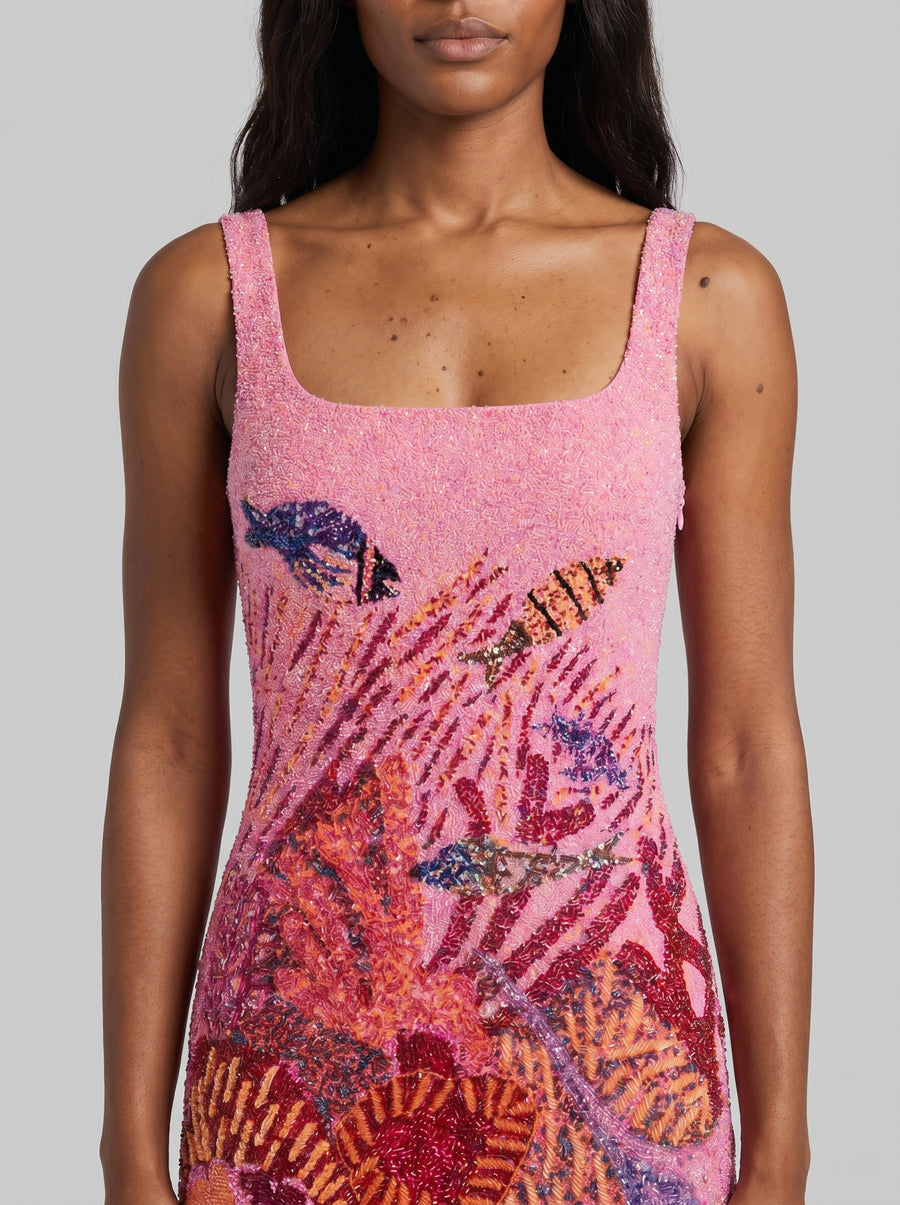 Oceanic Bloom Pink Hand Embroidered Mini Dress
