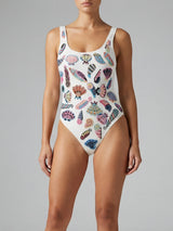 Oceanus x Zandra Rhodes Dreamshell Half Beaded White Swimsuit