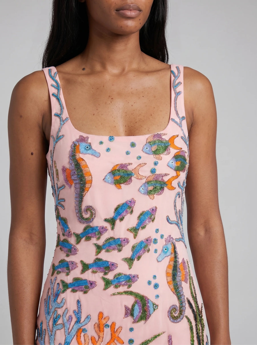 Coraline Colorful Hand-Beaded Mini Dress in Black Pink