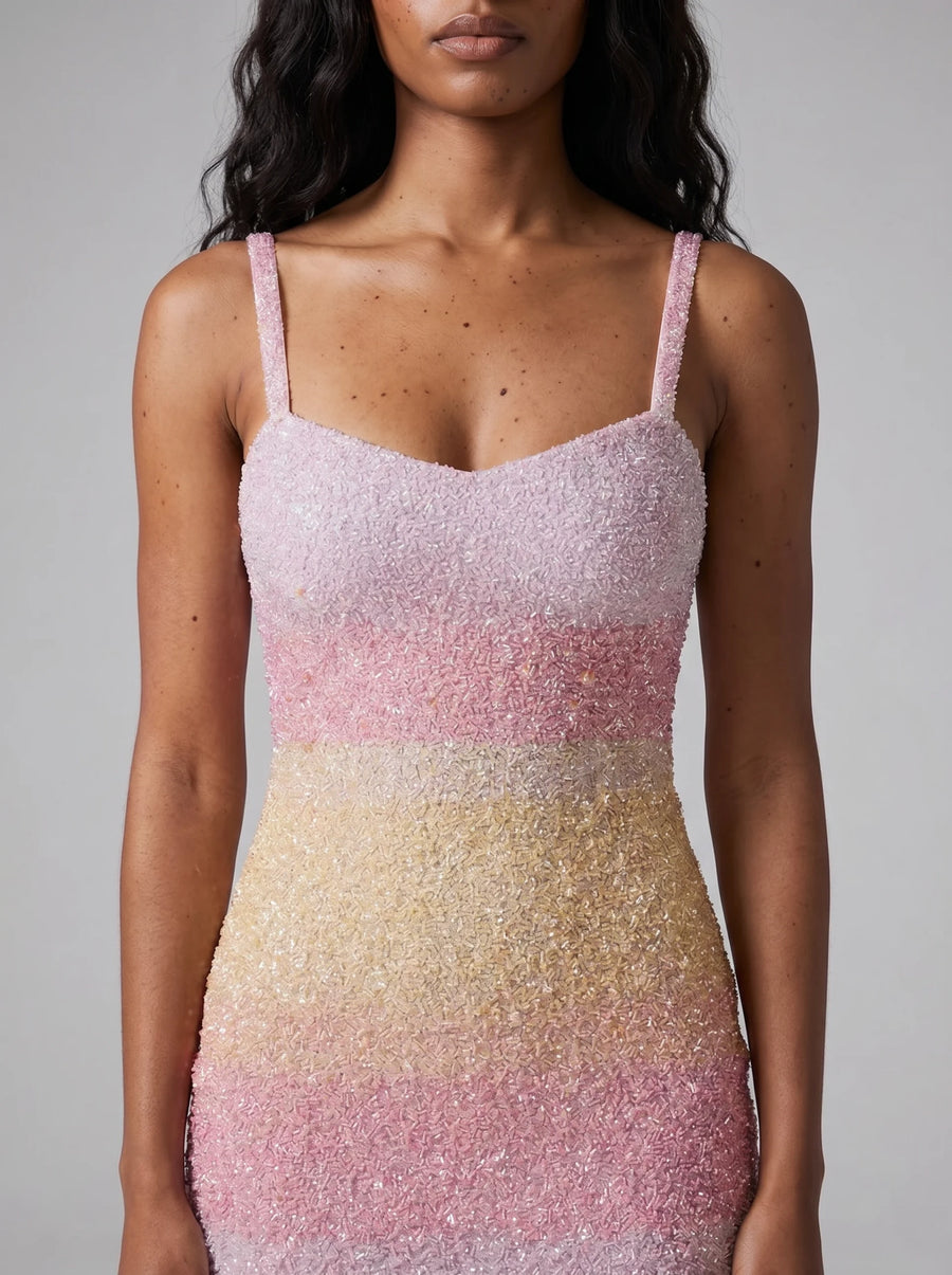 Cassie Pink Ombre Hand-Beaded Embroidery Mini Dress