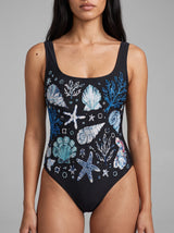 Deep Coral Sea Black Hand-Beaded Swimsuit