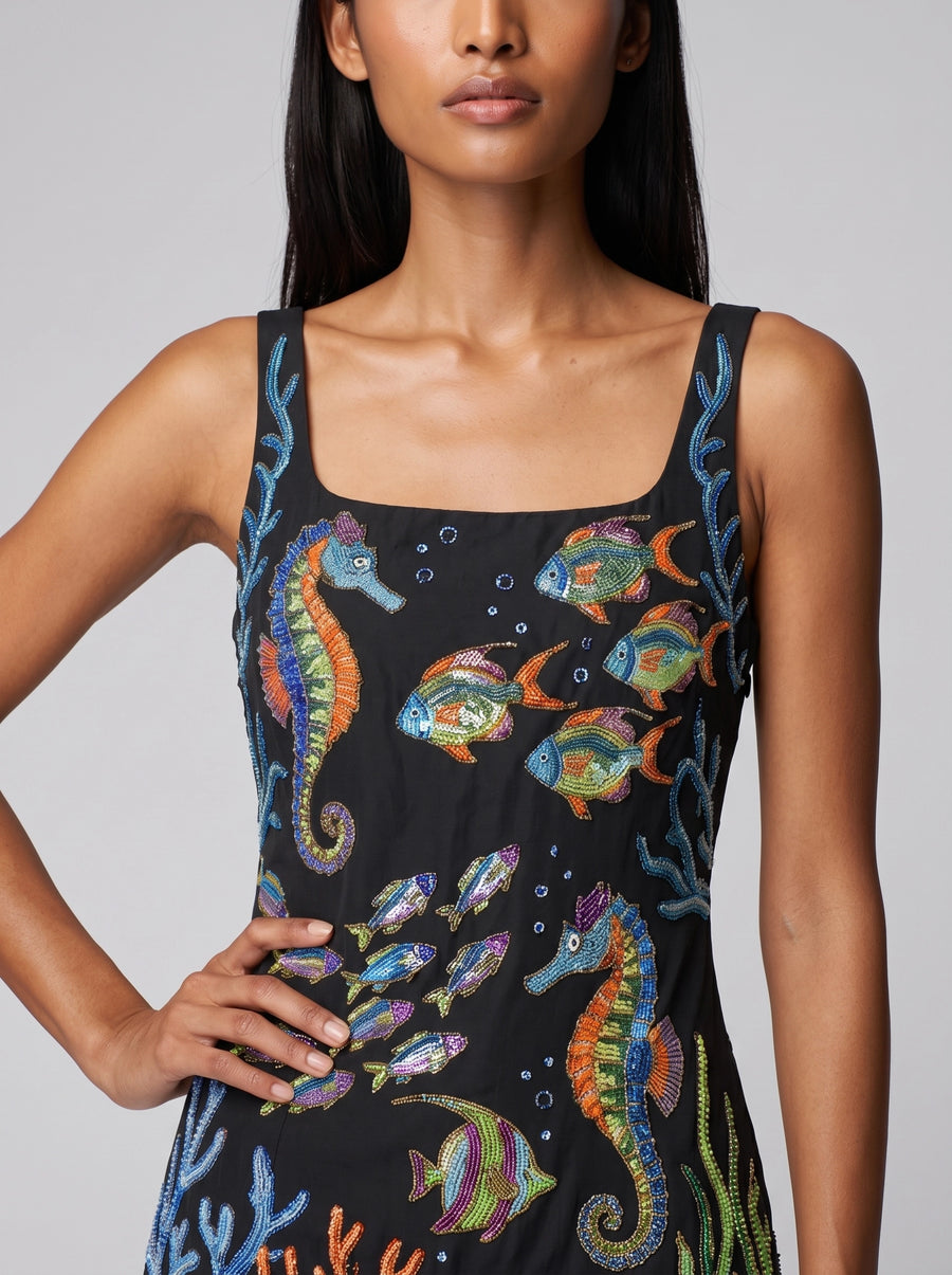 Coraline Colorful Hand-Beaded Mini Dress in Black Pink