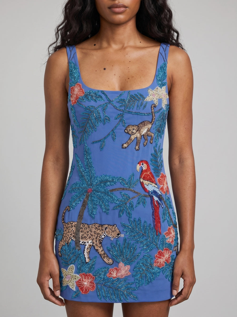 Tropica Blue Hand-Embroidery Mini Dress