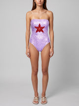 Purple Starfish Hand-Embroidered Sequin Strapless Swimsuit