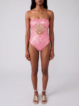 Pink Shell Half Beaded Strapless Swimsuit