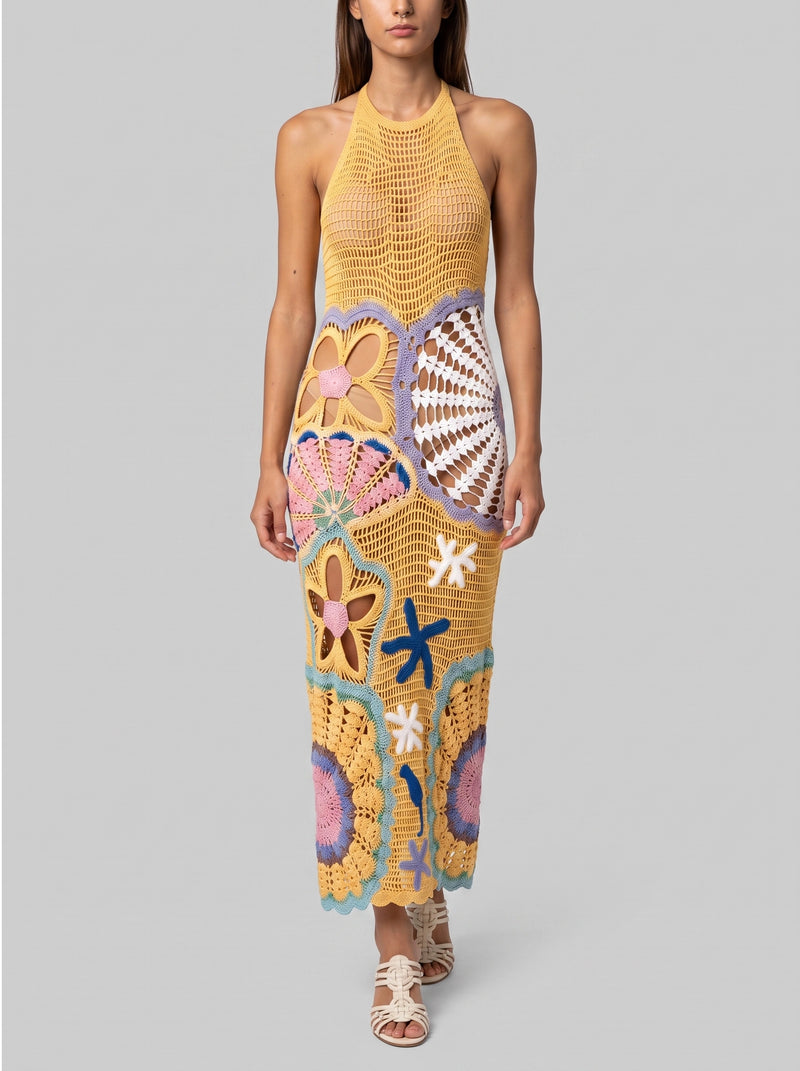 Pearl Halter Yellow Crochet Maxi Dress