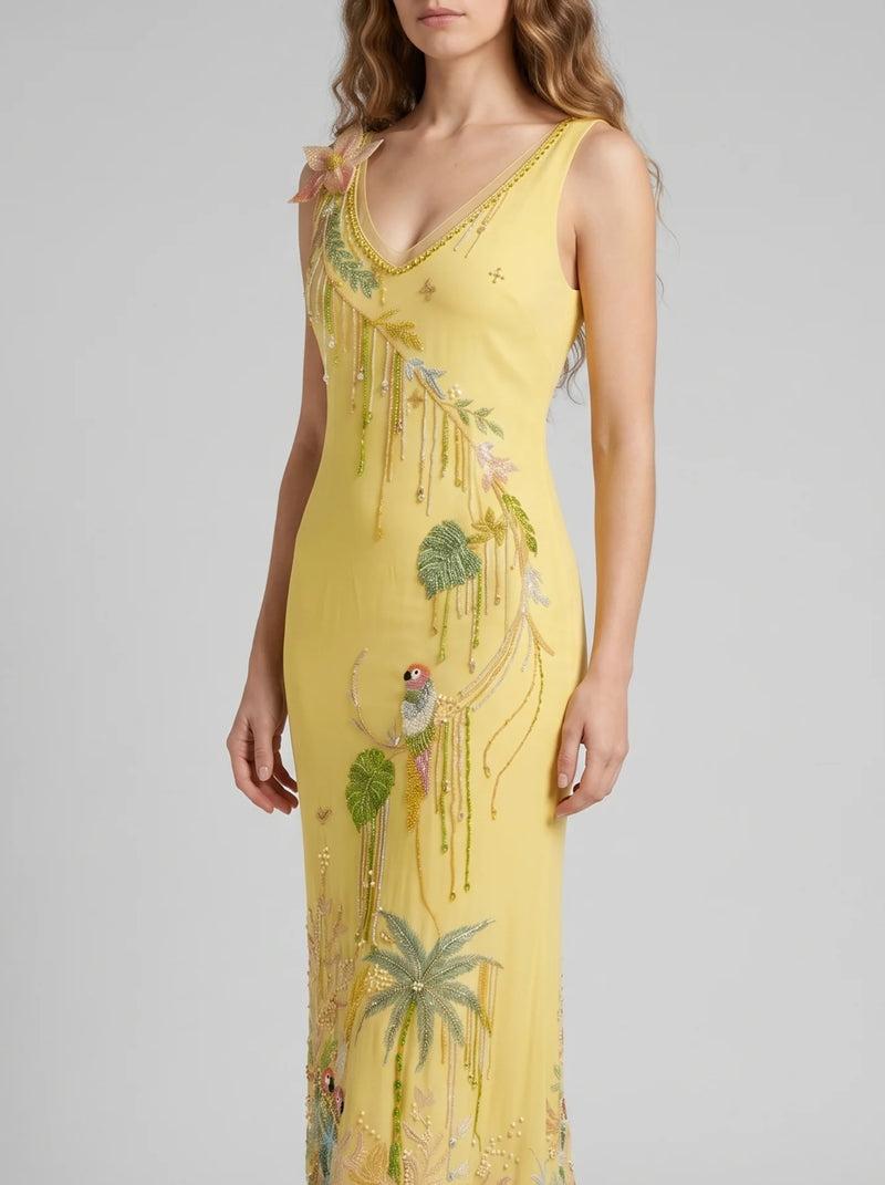 Tropical Flower Yellow Maxi Dress