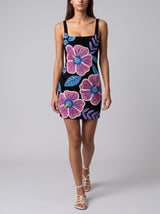 Royal Hibiscus Black Beaded Mini Dress