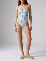 Shell and Starfish Sky Blue Hand-Beaded Swimsuit
