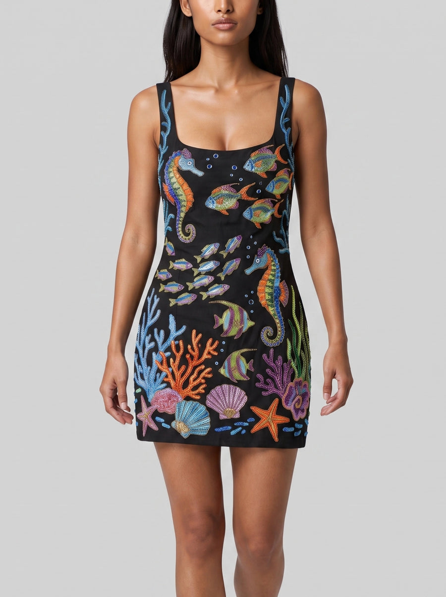 Coraline Colorful Hand-Beaded Mini Dress in Black Pink