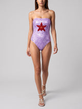 Purple Starfish Hand-Embroidered Sequin Strapless Swimsuit