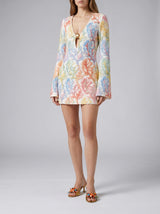Serena Coral Colorful White Sleeve Hand Beaded Mini Dress