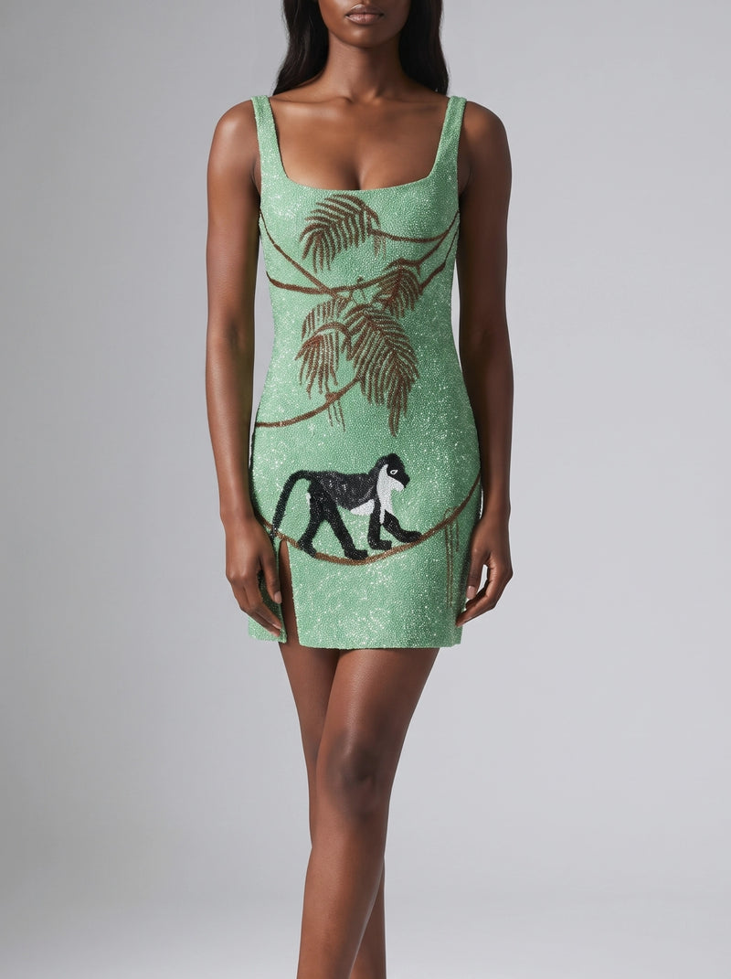 St. Barth Hand-Beaded Crystal Green Mini Dress in Stock
