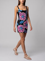 Royal Hibiscus Black Beaded Mini Dress