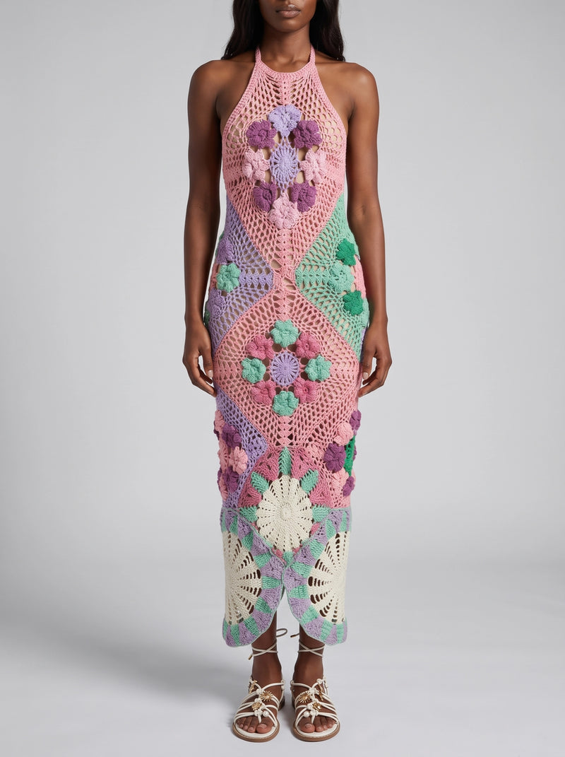 Rowan Halter Maxi Crochet Pink Dress