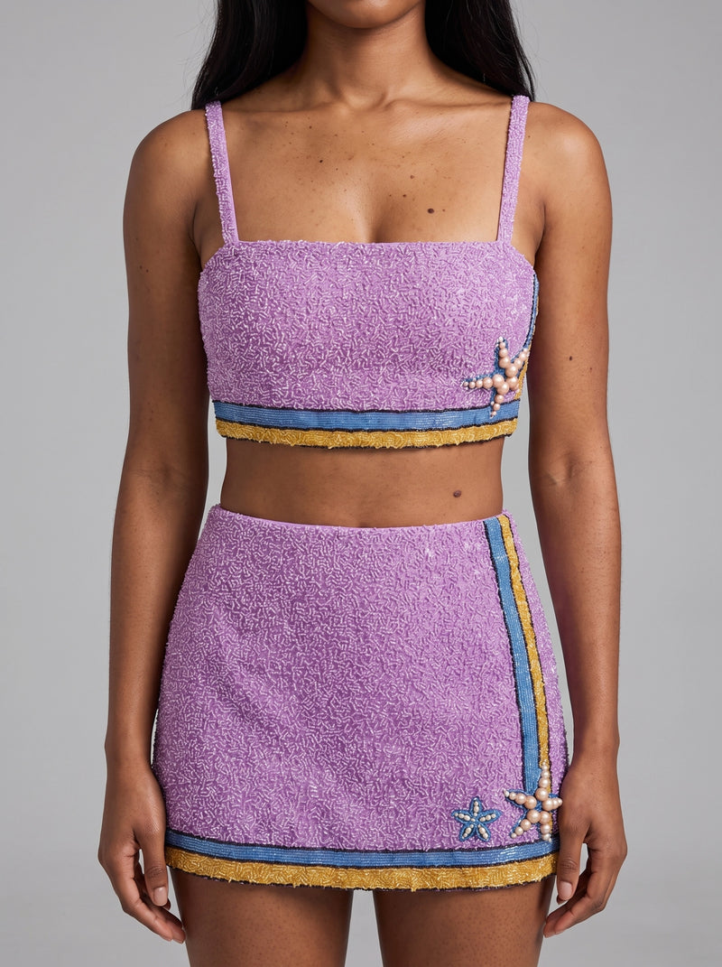 Monni Co-ord Hand Embroidered Crystal Top Only - Purple