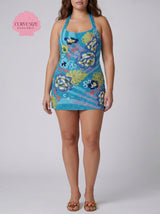Curve Flower and Monsterra Blue Mini Dress