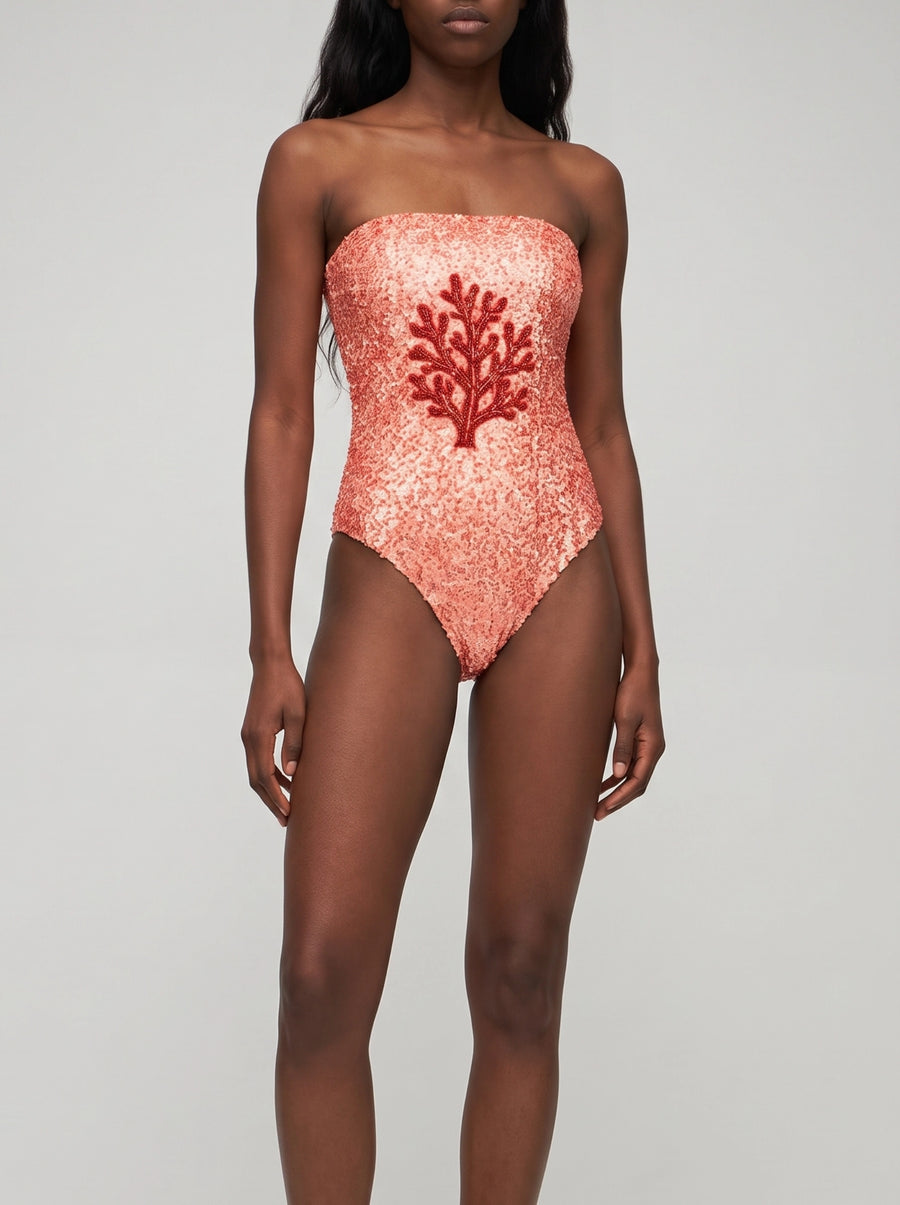 Orange Coral Hand-Embroidered Sequin Strapless Swimsuit