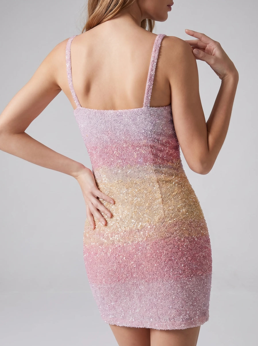 Cassie Pink Ombre Hand-Beaded Embroidery Mini Dress
