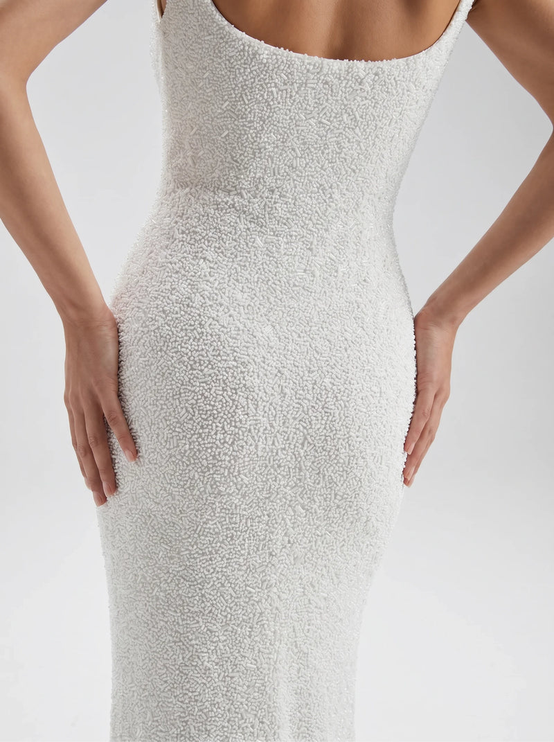 White Coastal Hand Beaded Maxi Dress in Stock