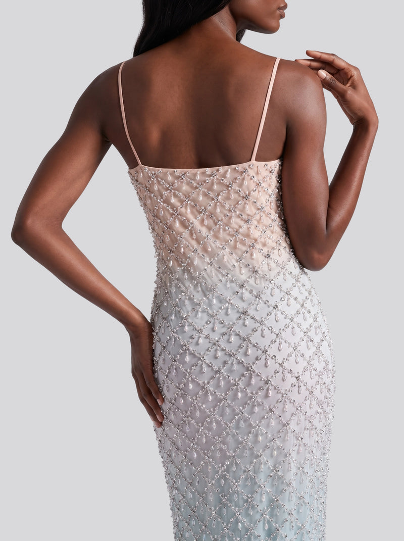 Calliope Luxury Hand Embroidered Crystal Pink Blue Ombre Maxi Party Dress