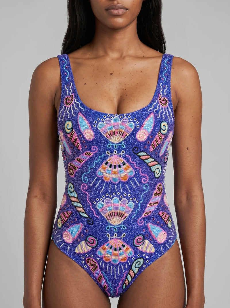 Oceanus x Zandra Rhodes Dream Shell Hand Beaded Swimsuit Purple