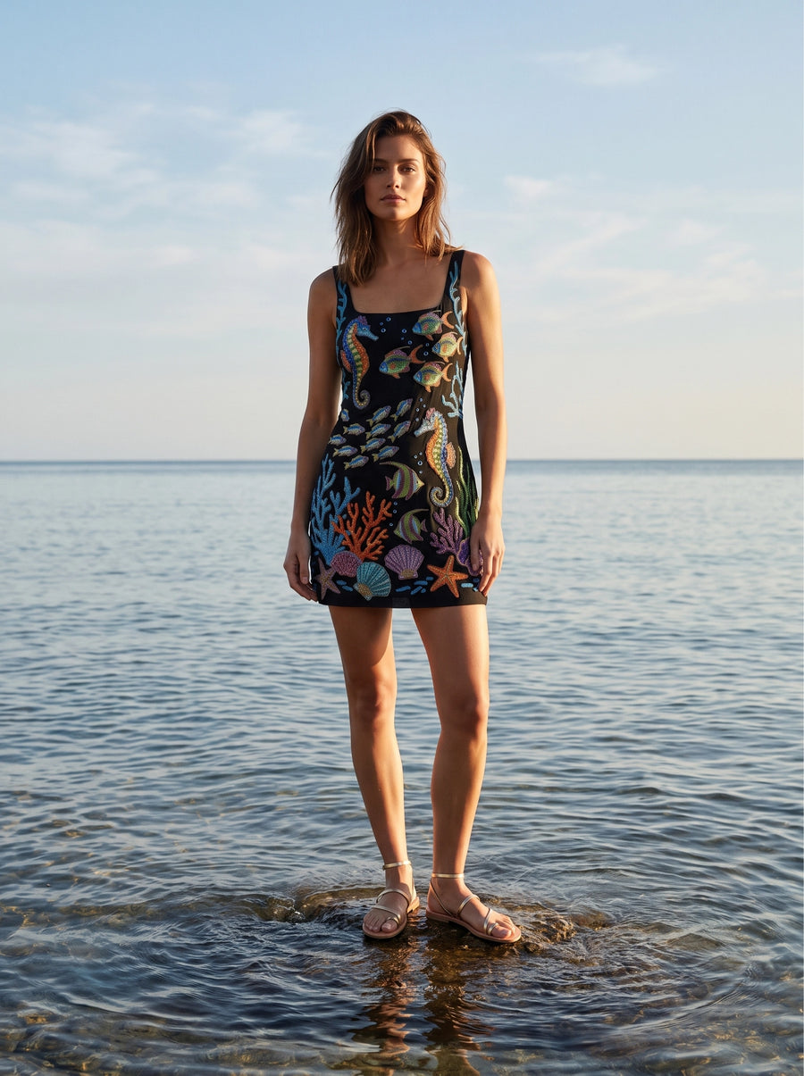 Coraline Colorful Hand-Beaded Mini Dress in Black Pink