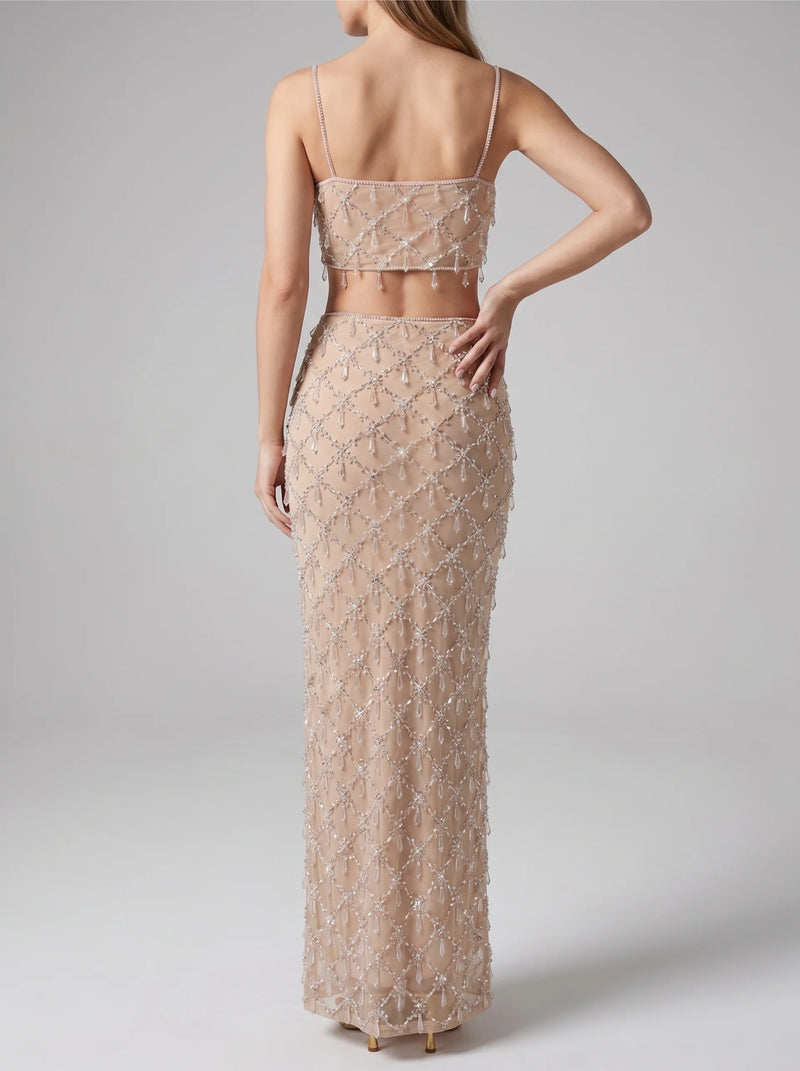 Calliope Luxury Crystal Co-Ord Skirt Nude