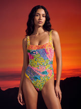 Deep Coral Pink Swimsuit Yellow