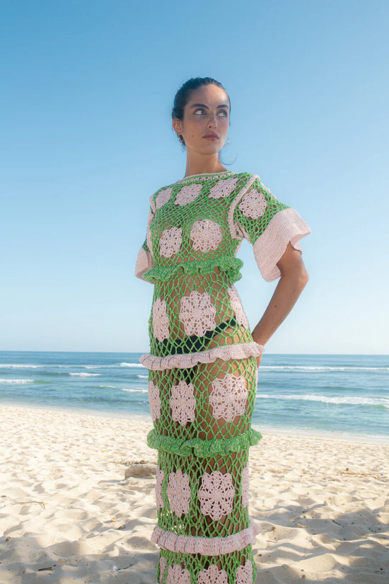 Elle Crochet Dress Green/Pink - Oceanus Swimwear