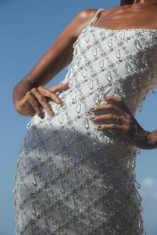 Calliope Luxury Crystal Maxi Party Dress White - Oceanus Swimwear