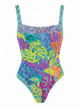 Deep Coral Pink Swimsuit Blue